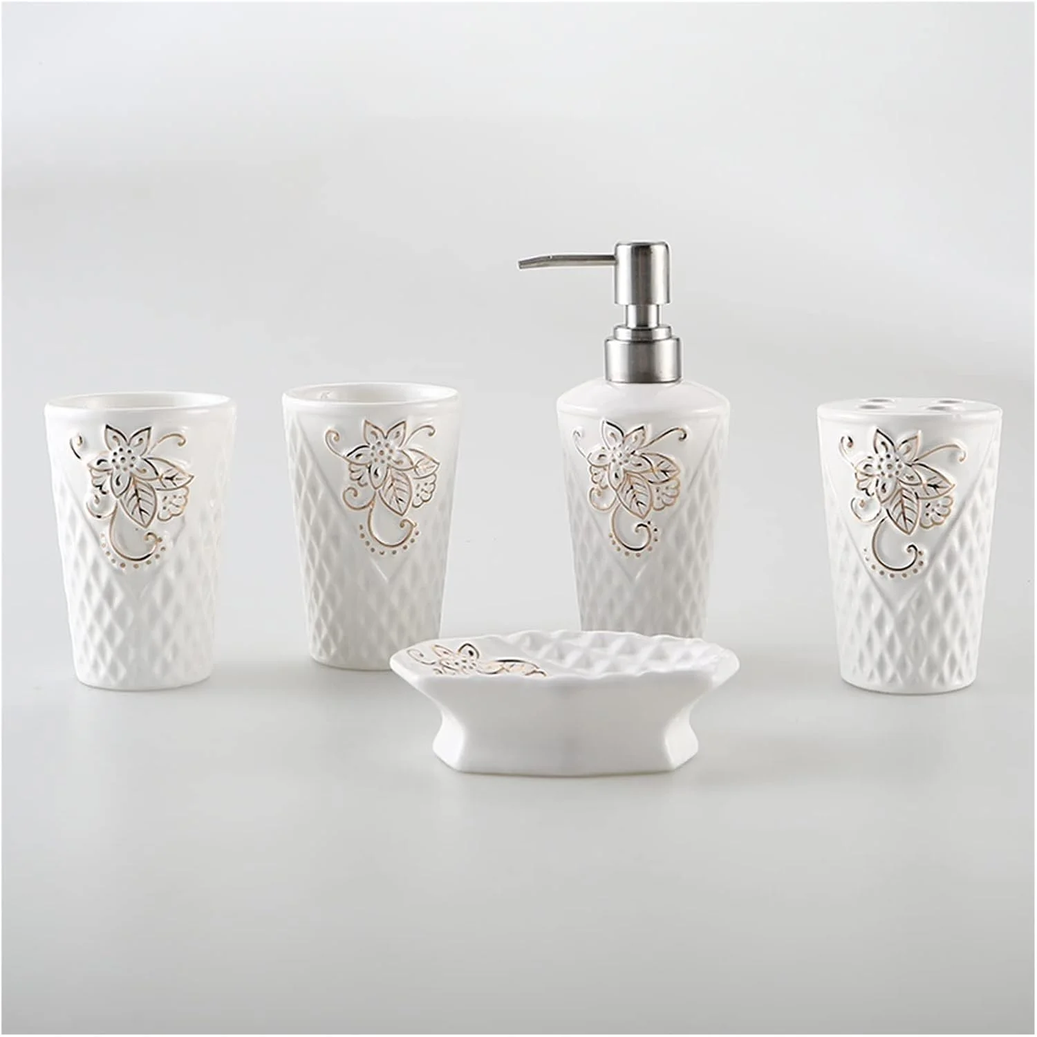 ست لوازم جانبی مدرن سرویس بهداشتی AVLUZ، هدیه دکوری سرامیکی برای روی میز روشویی شامل جا مایع لوسیون، جا مسواکی، 2 لیوان، جا صابونی، سفید