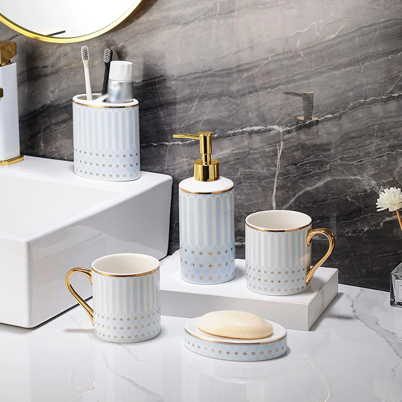 ست لوازم جانبی سرامیکی حمام AVLUZ، ست 6 تکه آبی رنگ برای پیشخوان روشویی شامل جا مایع لوسیون، جا مسواکی، 2 عدد لیوان، جا صابونی و سینی