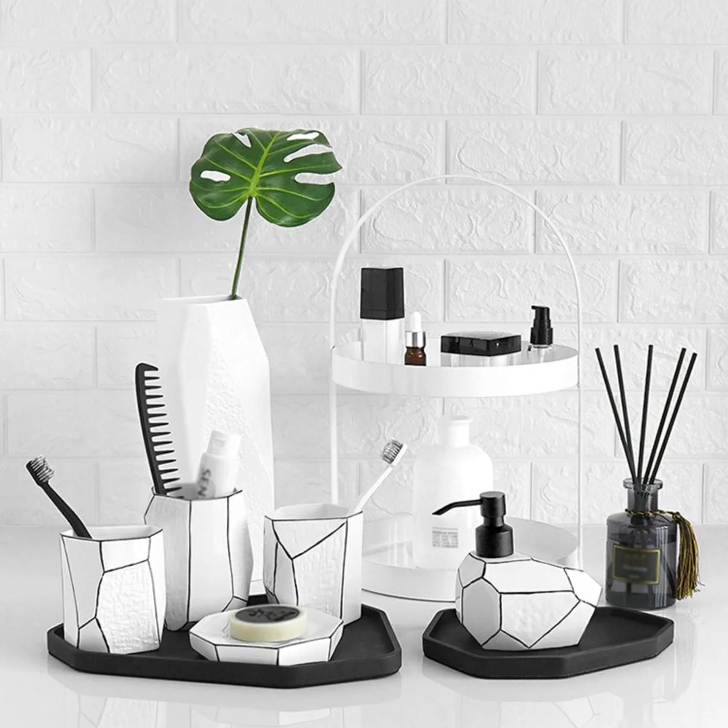 ست لوازم جانبی خلاقانه سرویس بهداشتی AVLUZ، ست 5 تکه لوازم جانبی شیک برای روشویی شامل جا مایع لوسیون، جا مسواکی، 2 لیوان، جا صابونی