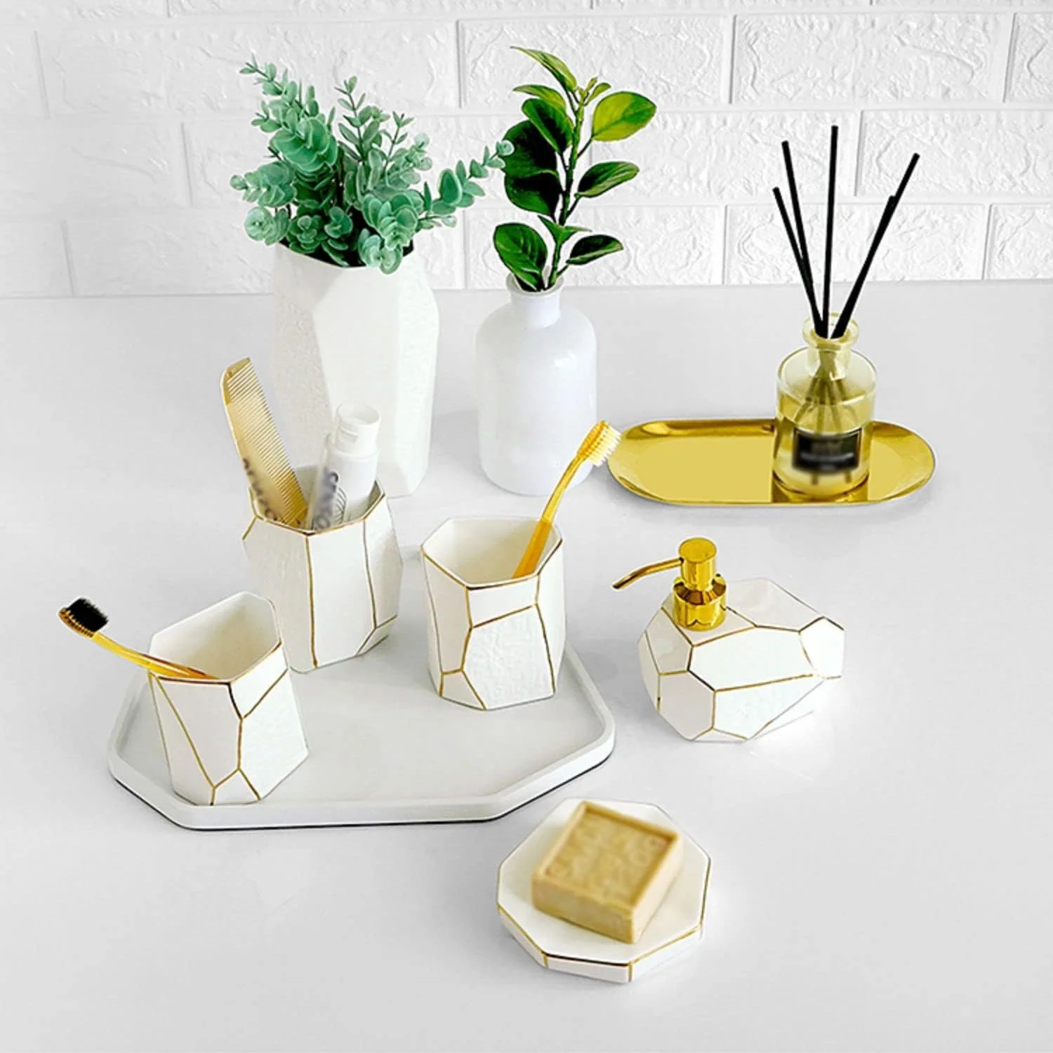 ست لوازم جانبی خلاقانه حمام AVLUZ، ست 5 تکه لوازم جانبی رومیزی شیک و با کیفیت شامل جا مایع لوسیون، جا مسواکی، 2 لیوان، جا صابونی