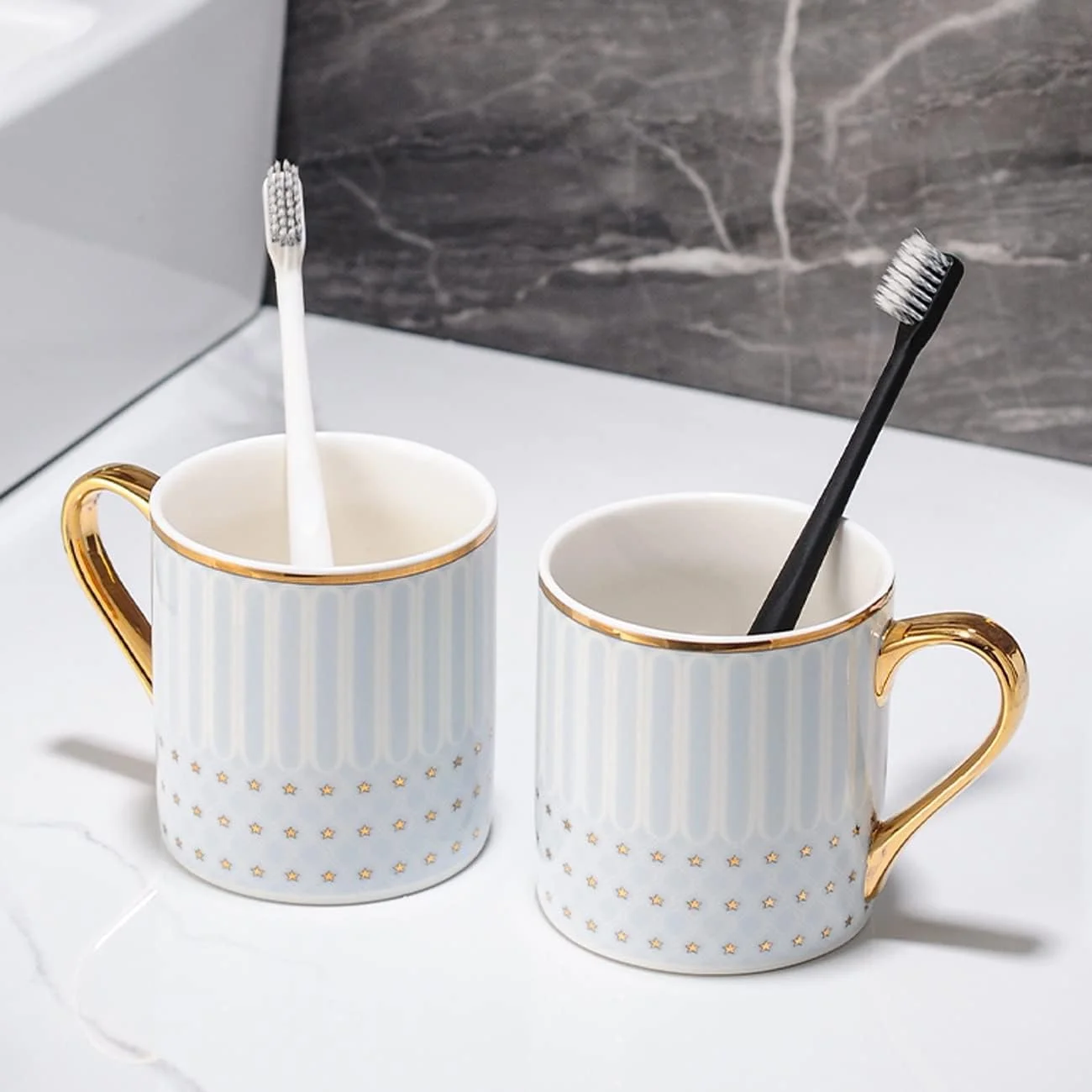 ست لوازم جانبی سرامیکی حمام AVLUZ، ست 6 تکه آبی رنگ برای پیشخوان روشویی شامل جا مایع لوسیون، جا مسواکی، 2 عدد لیوان، جا صابونی و سینی