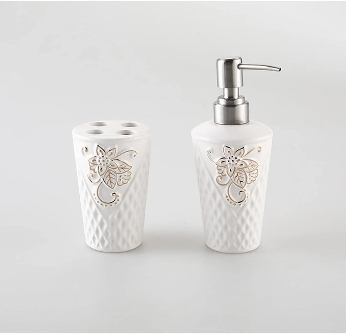 ست لوازم جانبی مدرن سرویس بهداشتی AVLUZ، هدیه دکوری سرامیکی برای روی میز روشویی شامل جا مایع لوسیون، جا مسواکی، 2 لیوان، جا صابونی، سفید