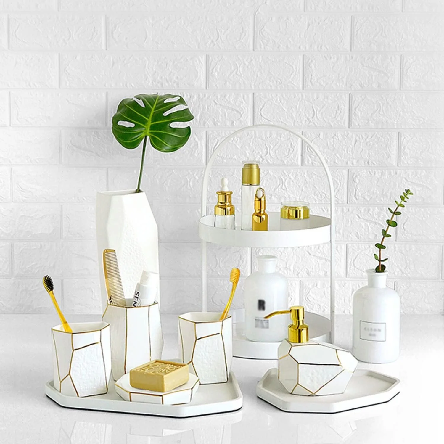 ست لوازم جانبی خلاقانه حمام AVLUZ، ست 5 تکه لوازم جانبی رومیزی شیک و با کیفیت شامل جا مایع لوسیون، جا مسواکی، 2 لیوان، جا صابونی