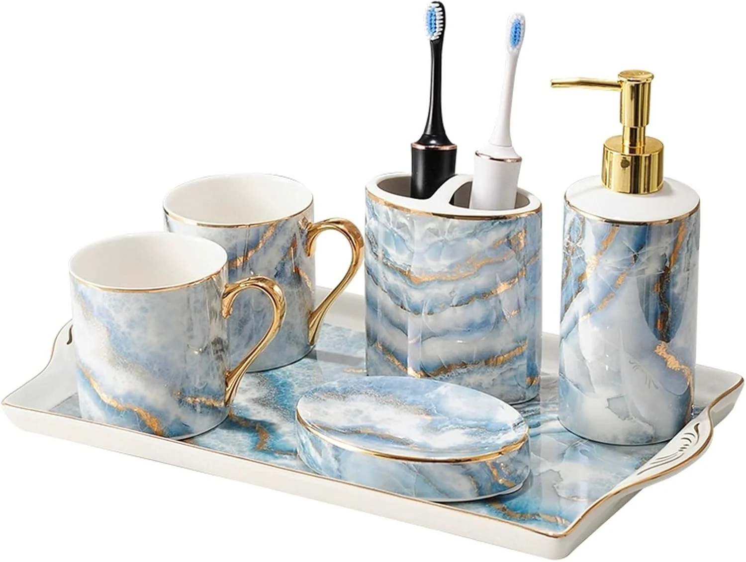 ست لوازم جانبی سرامیکی شیک آولوز برای حمام، ست 6 تکه تزئینی برای روی میز روشویی شامل جا مایع لوسیون، جا مسواکی، 2 عدد لیوان، جا صابونی، سینی
