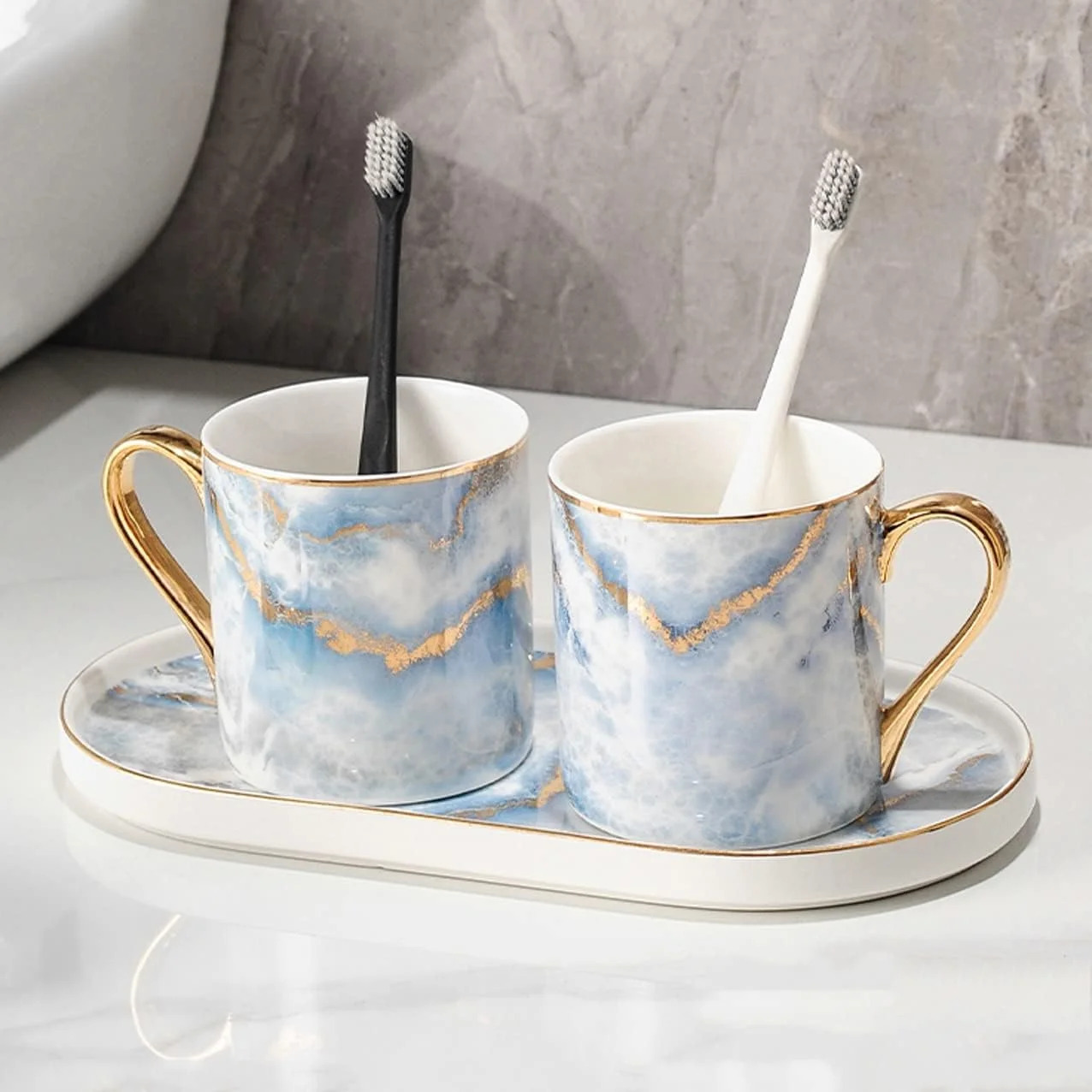 ست لوازم جانبی سرامیکی شیک آولوز برای حمام، ست 6 تکه تزئینی برای روی میز روشویی شامل جا مایع لوسیون، جا مسواکی، 2 عدد لیوان، جا صابونی، سینی