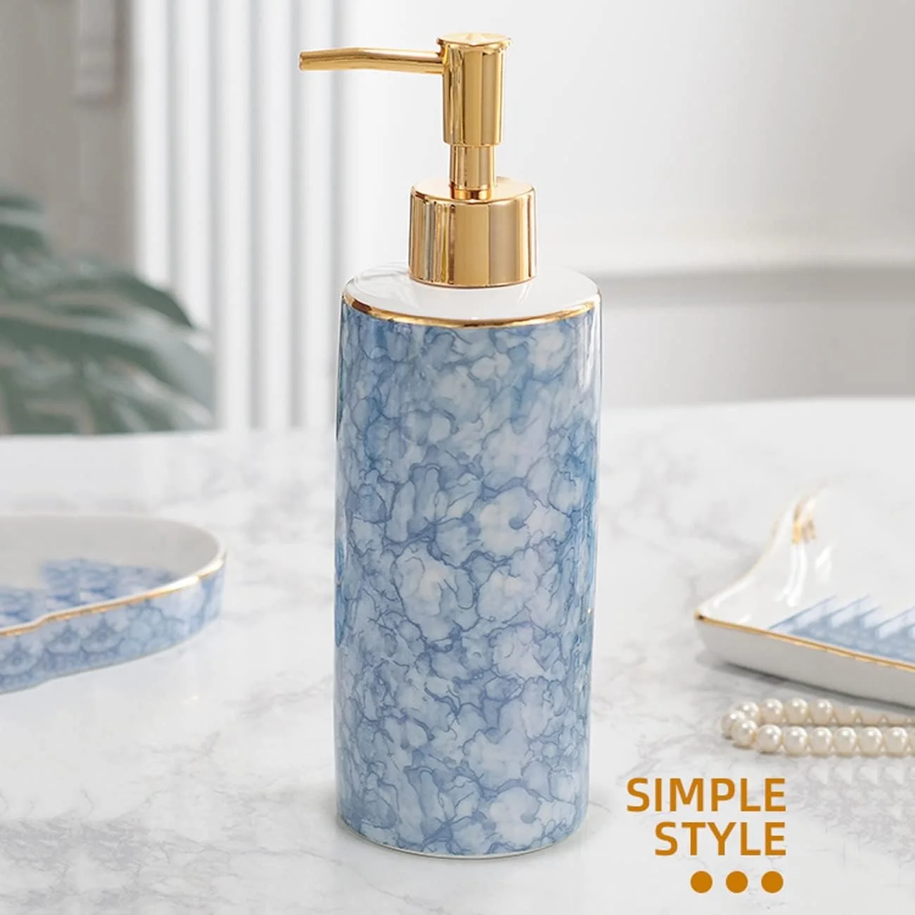 ست لوازم جانبی شیک سرویس بهداشتی AVLUZ، ست 6 تکه دکوری سرامیکی نفیس، شامل جا مایع لوسیون، جا مسواکی، 2 لیوان، جا صابونی، سینی، آبی