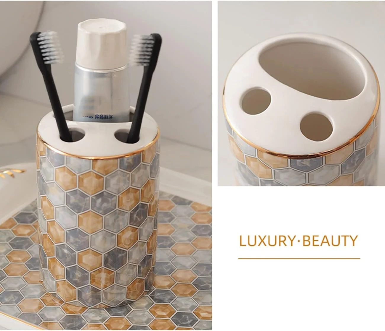 ست لوازم جانبی سرامیکی لوکس آولوز برای حمام، ست دکوری نفیس لوازم حمام، شامل جا مایع لوسیون، جا مسواکی، 2 عدد لیوان، جا صابونی، سینی