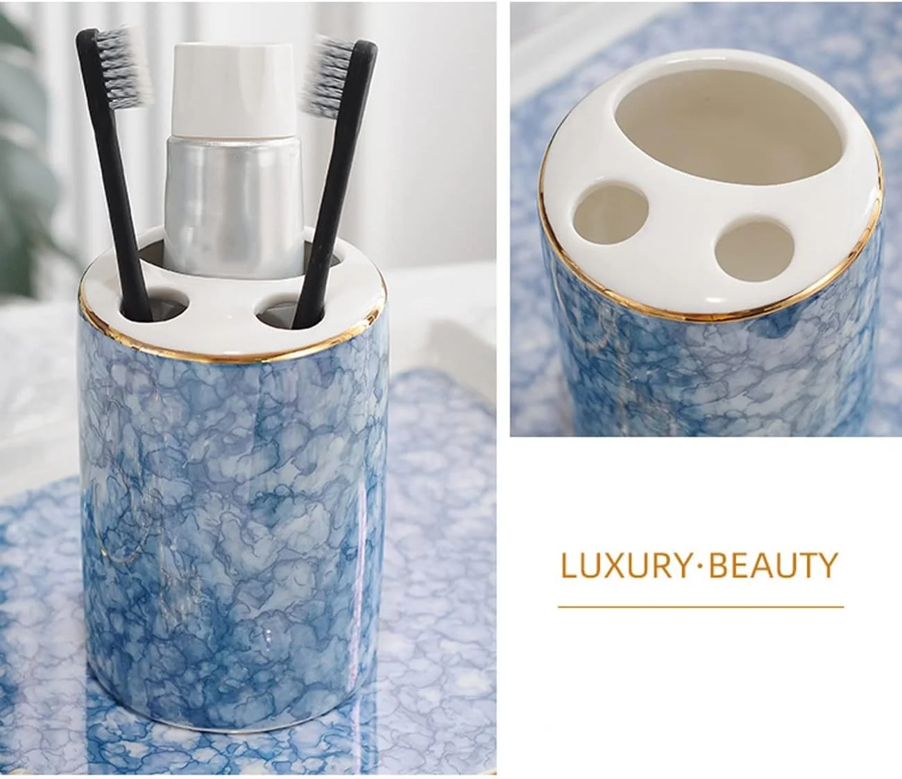 ست لوازم جانبی شیک سرویس بهداشتی AVLUZ، ست 6 تکه دکوری سرامیکی نفیس، شامل جا مایع لوسیون، جا مسواکی، 2 لیوان، جا صابونی، سینی، آبی