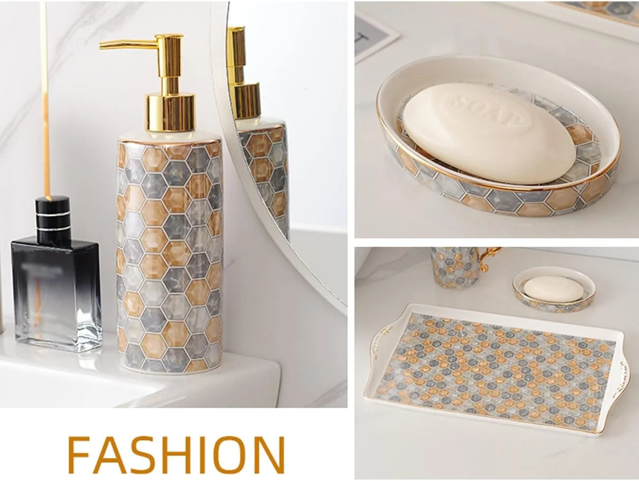 ست لوازم جانبی سرامیکی لوکس آولوز برای حمام، ست دکوری نفیس لوازم حمام، شامل جا مایع لوسیون، جا مسواکی، 2 عدد لیوان، جا صابونی، سینی