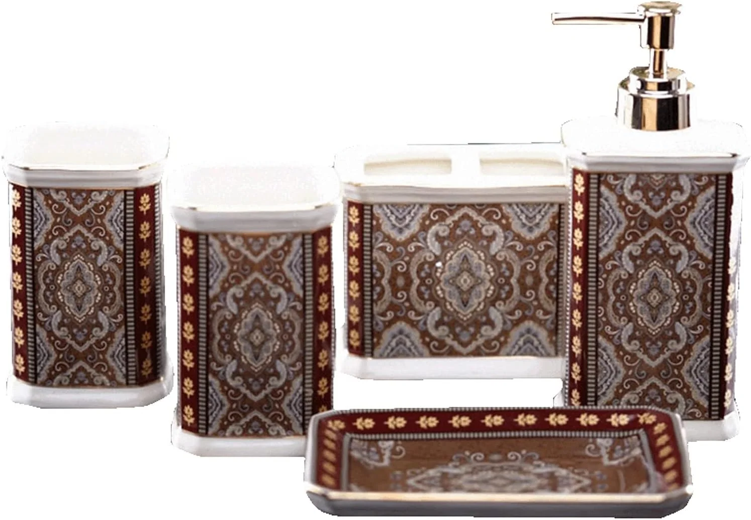 ست لوازم جانبی حمام 5 تکه AVLUZ، ست دکوری سرامیکی دست ساز با طرح قدیمی، شامل جا مایع لوسیون، جا مسواکی، 2 عدد لیوان، جا صابونی
