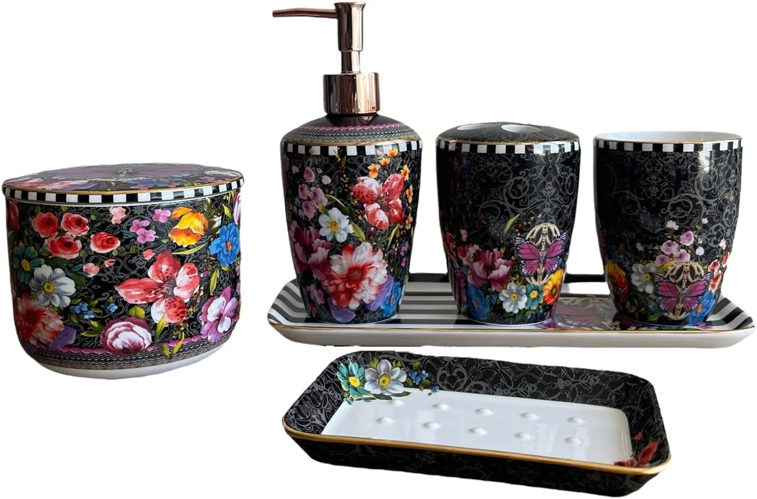 ست لوازم جانبی سرامیکی حمام AVLUZ، ست 6 تکه دکوری نفیس حمام با طرح دستی، شامل جا مایع لوسیون، جا مسواکی، لیوان، مخزن نگهداری، جا صابونی و سینی