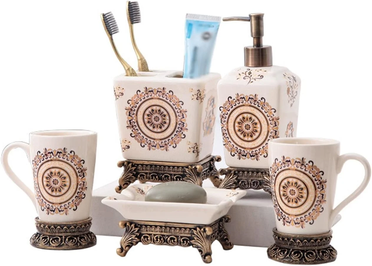 ست لوازم جانبی حمام طرح قدیمی AVLUZ، ست لوازم جانبی تزئینی سرامیکی دست ساز با پخش کننده لوسیون، جا مسواکی، 2 عدد لیوان، جا صابونی (رنگ: D)