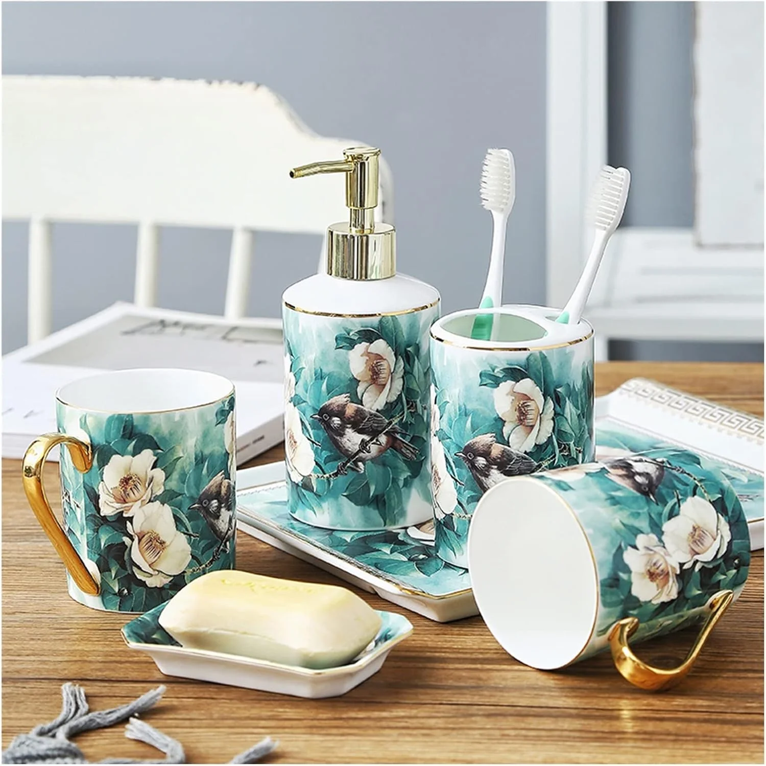 ست لوازم جانبی سرامیکی 5 تکه آولوز برای حمام، ست های تزئینی حمام نفیس با دست نقاشی شده شامل جا مسواکی، 2 لیوان دهانشویه، جا لوسیون، جا صابونی، بدون سینی