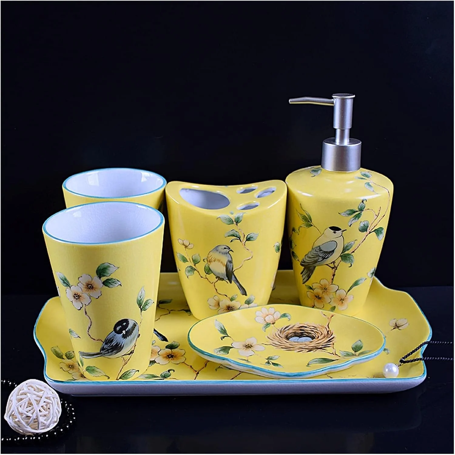 ست لوازم جانبی سرامیکی حمام AVLUZ، کیت دکوری نفیس و دست ساز برای روی میز شامل جا مایع لوسیون، جا مسواکی، 2 لیوان، جا صابونی (سایز: همراه با سینی)