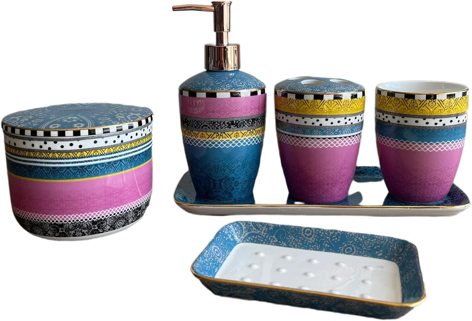 ست لوازم جانبی سرامیکی حمام AVLUZ، ست 6 تکه دکور حمام با طرح دستی شامل جای مایع لوسیون، جا مسواکی، لیوان، مخزن نگهداری، جای صابون و سینی (رنگ : A)