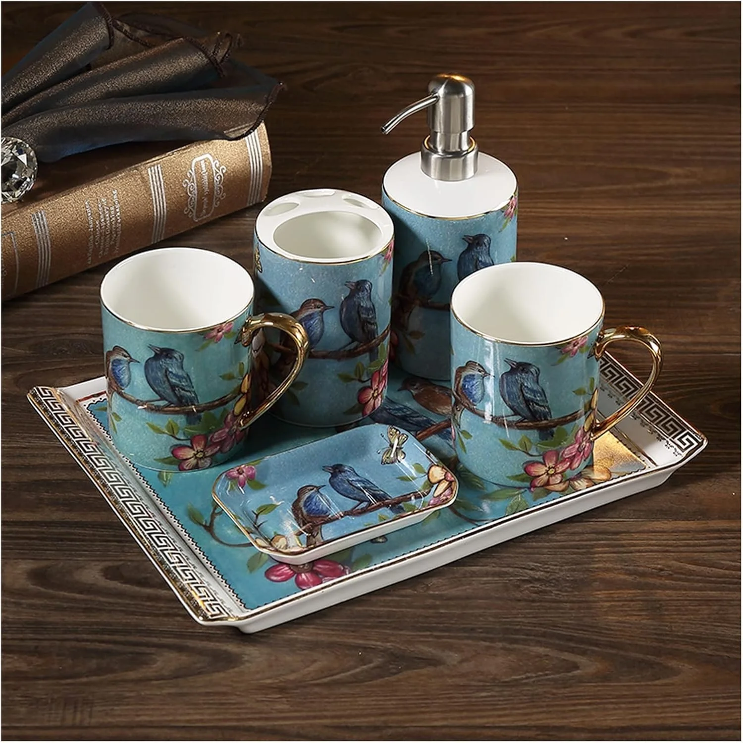 ست لوازم جانبی سرامیکی 6 تکه آولوز برای حمام، ست دکور حمام طرح گل و پرنده با نقاشی دستی، شامل جا مسواکی، 2 لیوان، جا لوسیون، جا صابونی، سینی