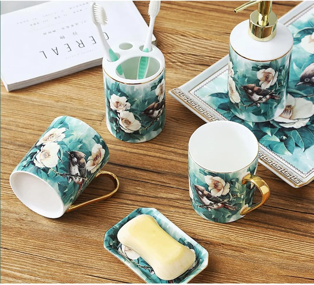 ست لوازم جانبی سرامیکی 5 تکه آولوز برای حمام، ست های تزئینی حمام نفیس با دست نقاشی شده شامل جا مسواکی، 2 لیوان دهانشویه، جا لوسیون، جا صابونی، بدون سینی