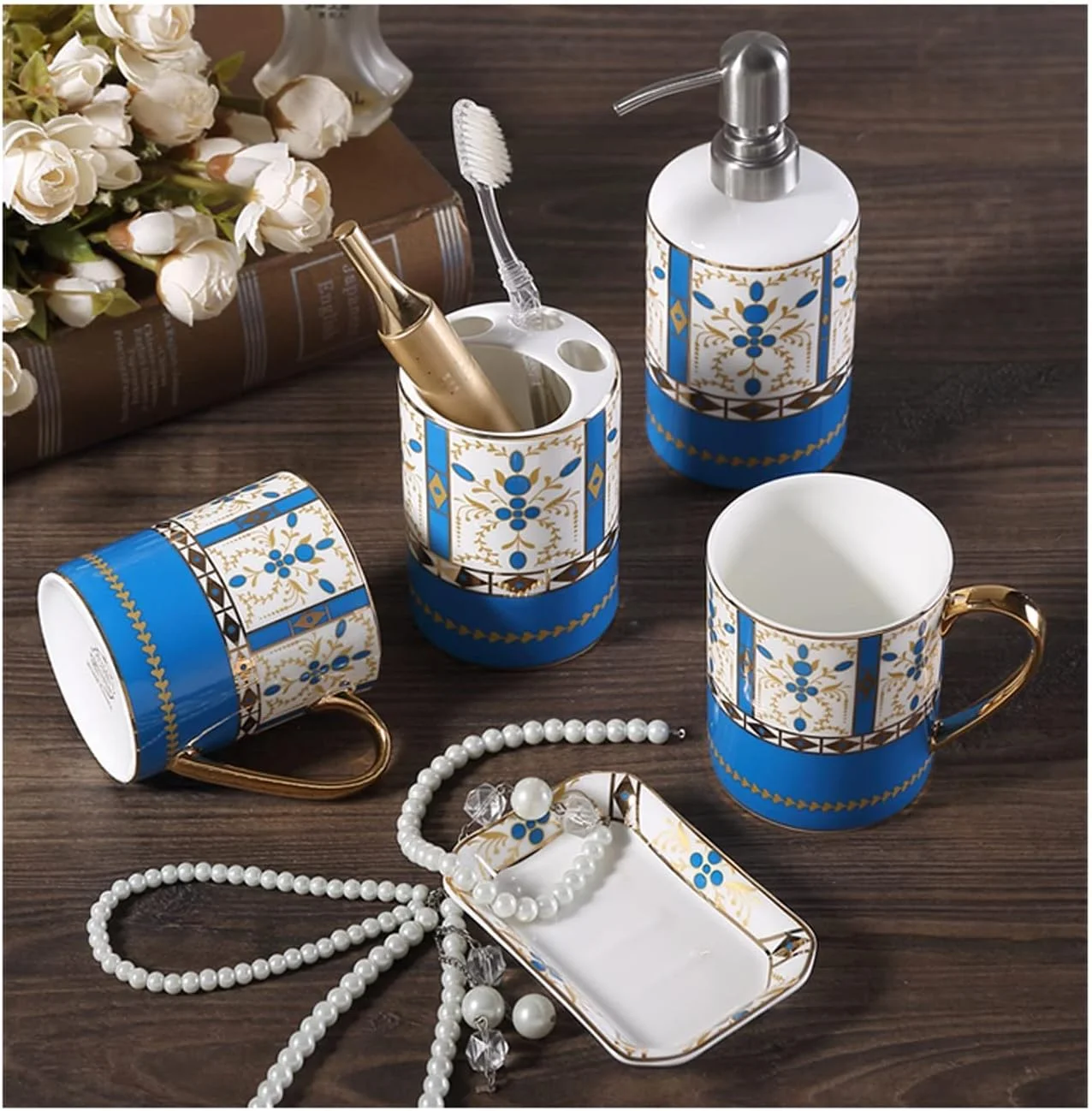 ست لوازم جانبی سرامیکی 5 تکه آولوز برای حمام، ست لوازم جانبی رومیزی حمام آبی رنگ شده با دست، دکور حمام با پخش کننده لوسیون، جا مسواکی