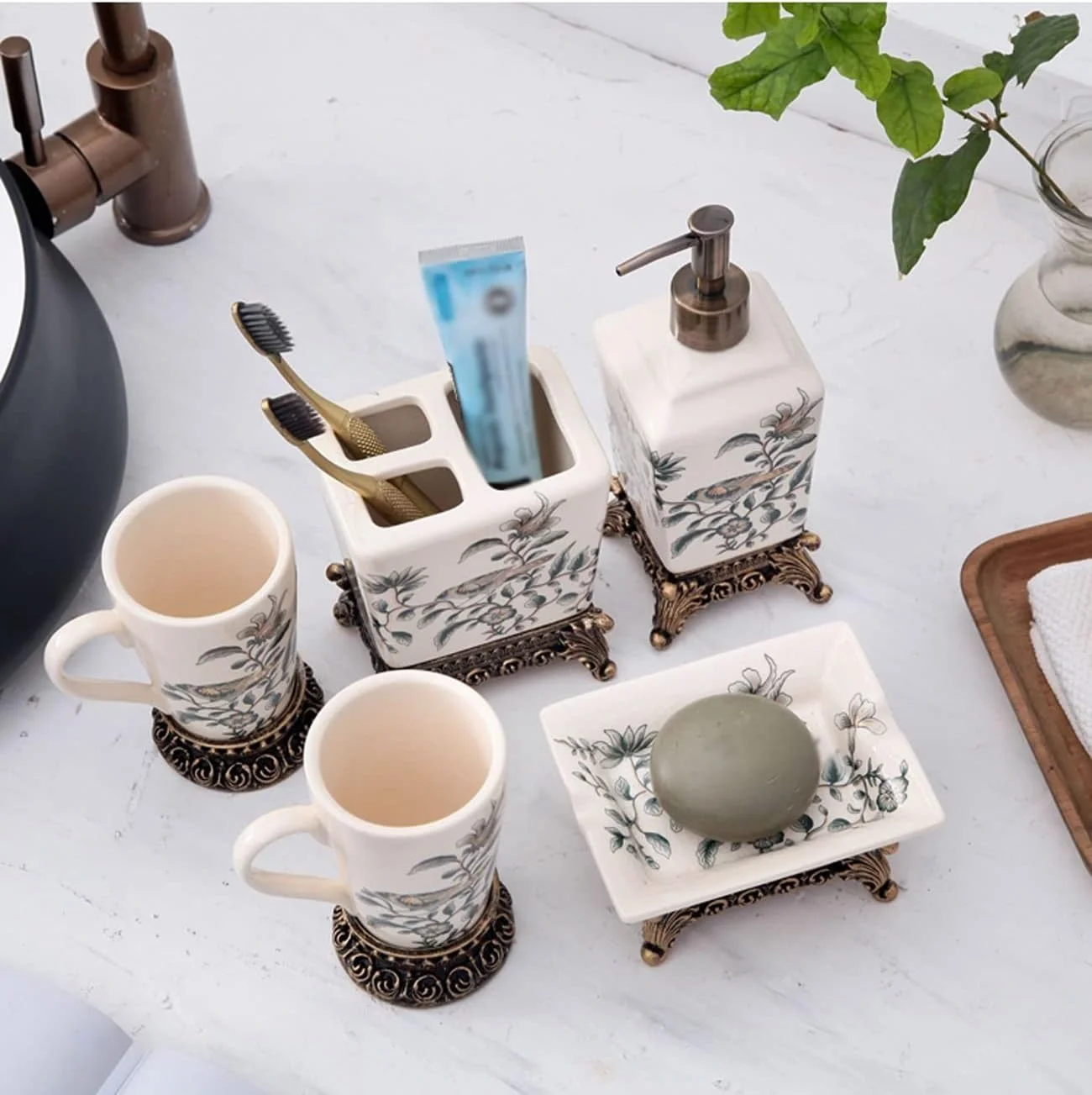 ست لوازم جانبی حمام طرح قدیمی AVLUZ، ست لوازم جانبی تزئینی سرامیکی دست ساز با پخش کننده لوسیون، جا مسواکی، 2 عدد لیوان، جا صابونی (رنگ: D)