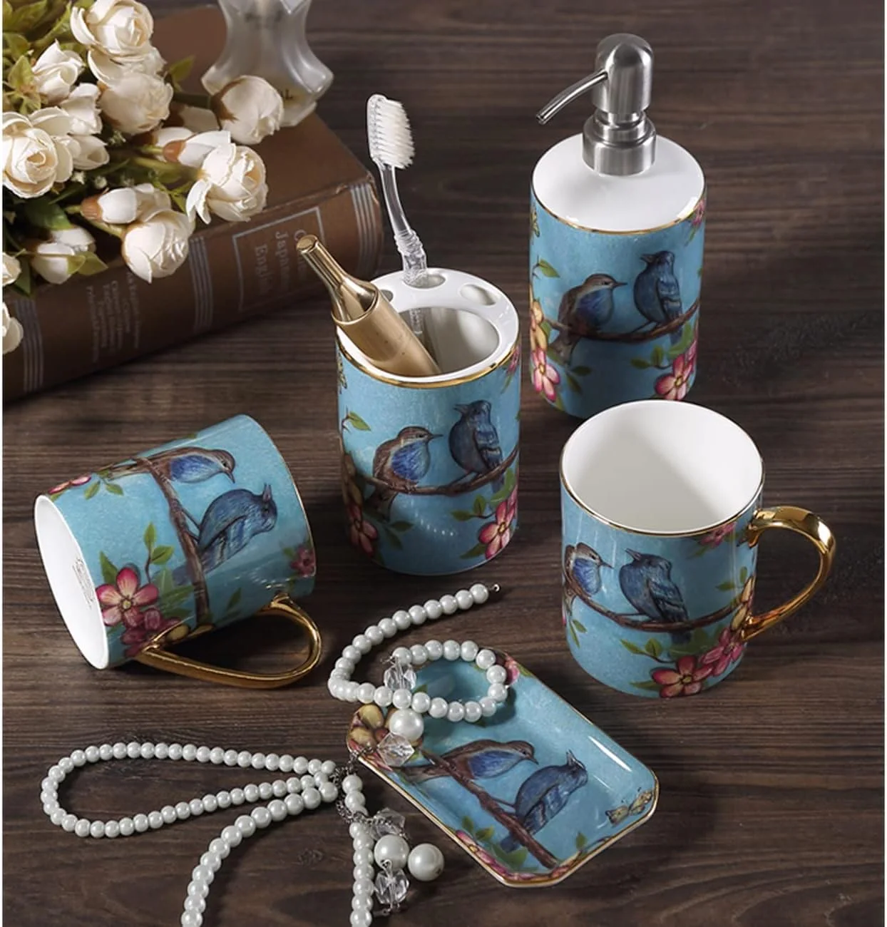 ست لوازم جانبی سرامیکی 6 تکه آولوز برای حمام، ست دکور حمام طرح گل و پرنده با نقاشی دستی، شامل جا مسواکی، 2 لیوان، جا لوسیون، جا صابونی، سینی