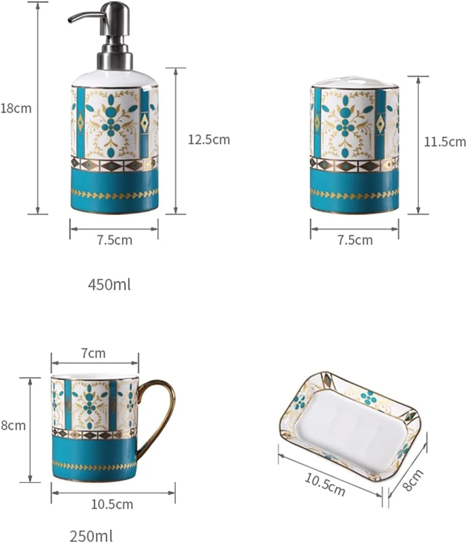 ست لوازم جانبی سرامیکی 5 تکه آولوز برای حمام، ست لوازم جانبی رومیزی حمام آبی رنگ شده با دست، دکور حمام با پخش کننده لوسیون، جا مسواکی