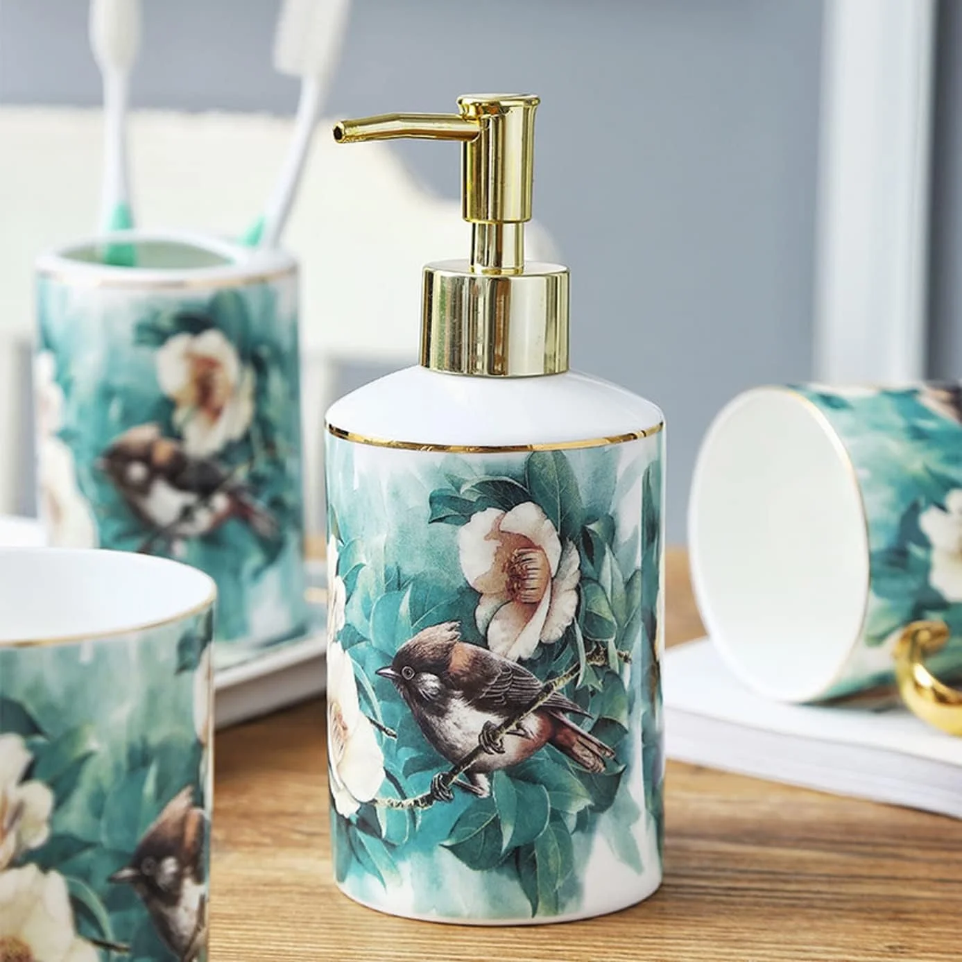 ست لوازم جانبی سرامیکی 5 تکه آولوز برای حمام، ست های تزئینی حمام نفیس با دست نقاشی شده شامل جا مسواکی، 2 لیوان دهانشویه، جا لوسیون، جا صابونی، بدون سینی