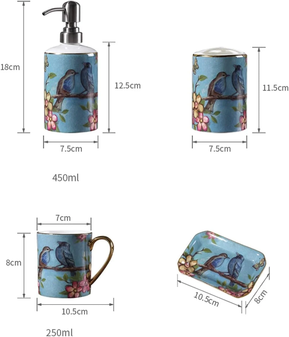 ست لوازم جانبی سرامیکی 6 تکه آولوز برای حمام، ست دکور حمام طرح گل و پرنده با نقاشی دستی، شامل جا مسواکی، 2 لیوان، جا لوسیون، جا صابونی، سینی