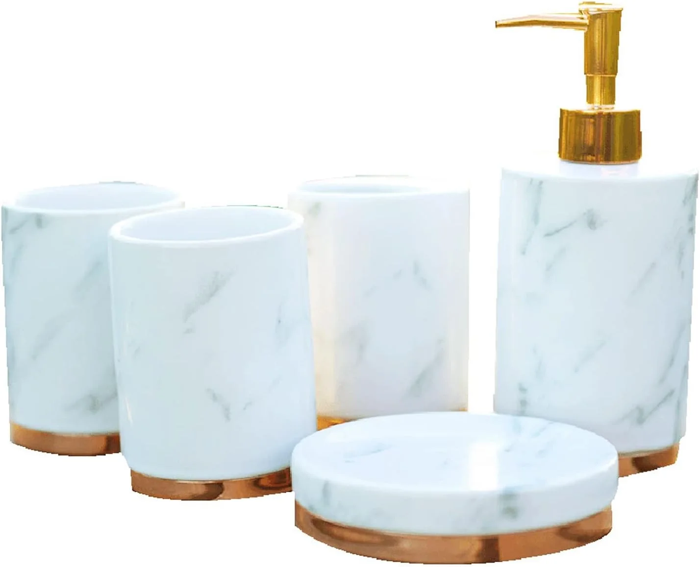 ست لوازم جانبی حمام 5 تکه AVLUZ، لوازم جانبی حمام سرامیکی با بافت مرمر تقلبی، شامل پخش کننده لوسیون، جا مسواکی، 2 فنجان لیوان، جا صابونی