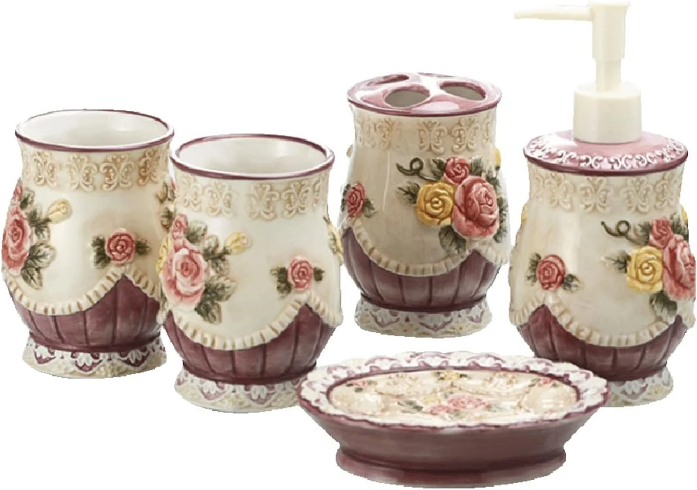 ست لوازم جانبی حمام 5 تکه AVLUZ، ست دکوری سرامیکی حمام با طرح گل رز، شامل جا مایع لوسیون، جا مسواکی، 2 عدد لیوان، جا صابونی
