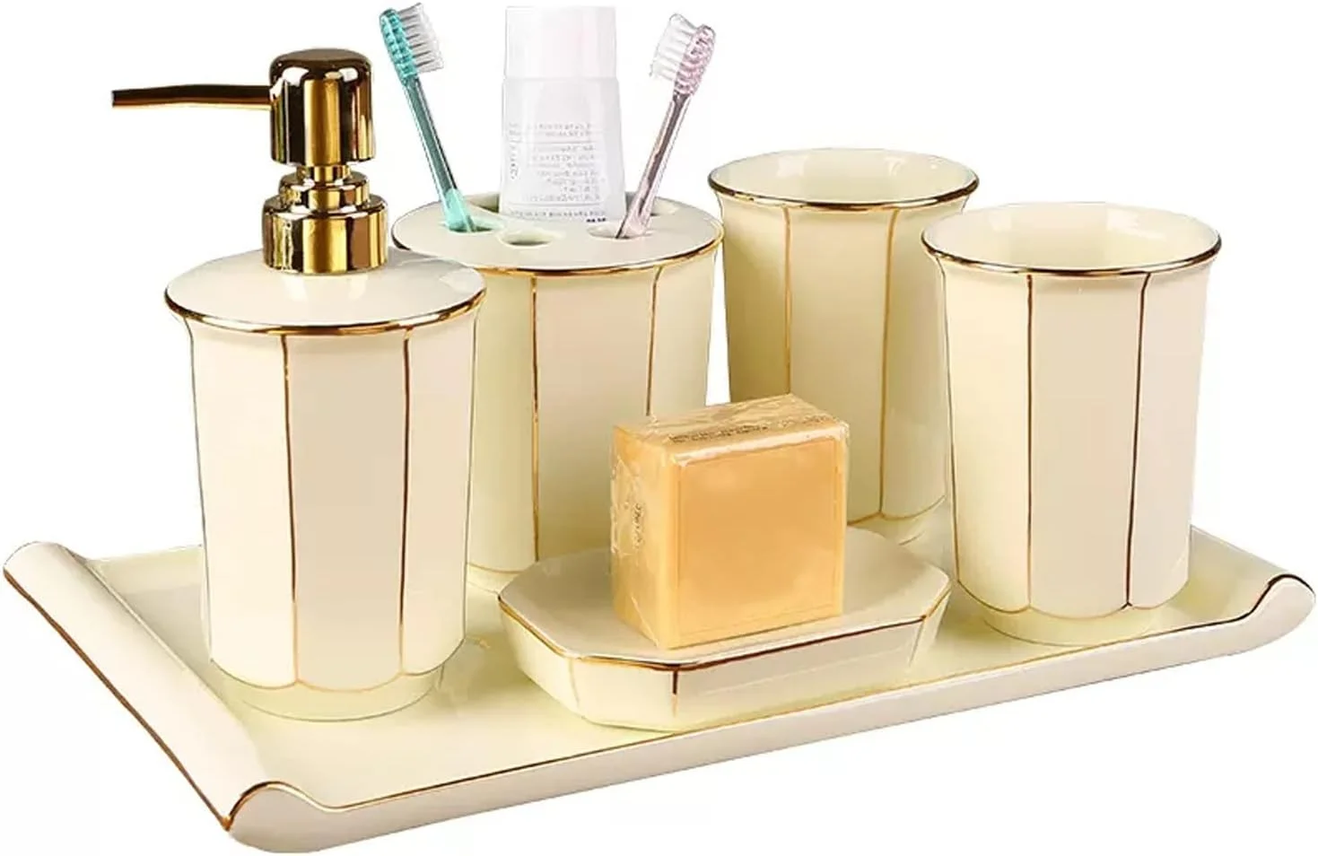 ست لوازم جانبی سرامیکی حمام AVLUZ، ست 6 تکه لوکس برای تزئین پیشخوان روشویی، شامل جا مایع لوسیون، جا مسواکی، 2 لیوان، جا صابونی، سینی نگهدارنده