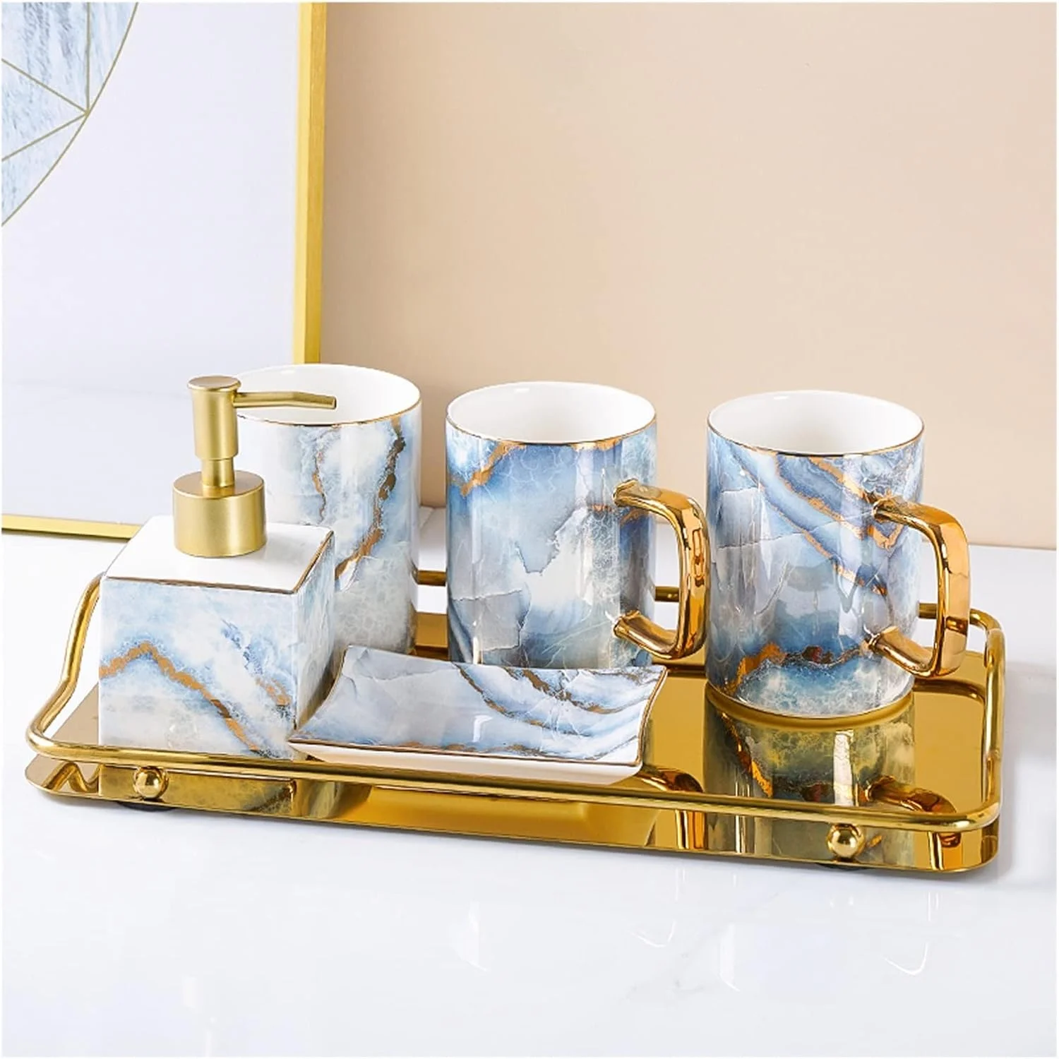ست لوازم جانبی سرامیکی لوکس سرویس بهداشتی AVLUZ، کیت دکوری پیشخوان روشویی شامل جا مایع لوسیون، جا مسواکی، 2 لیوان، جا صابونی (اندازه: همراه با سینی فلزی)