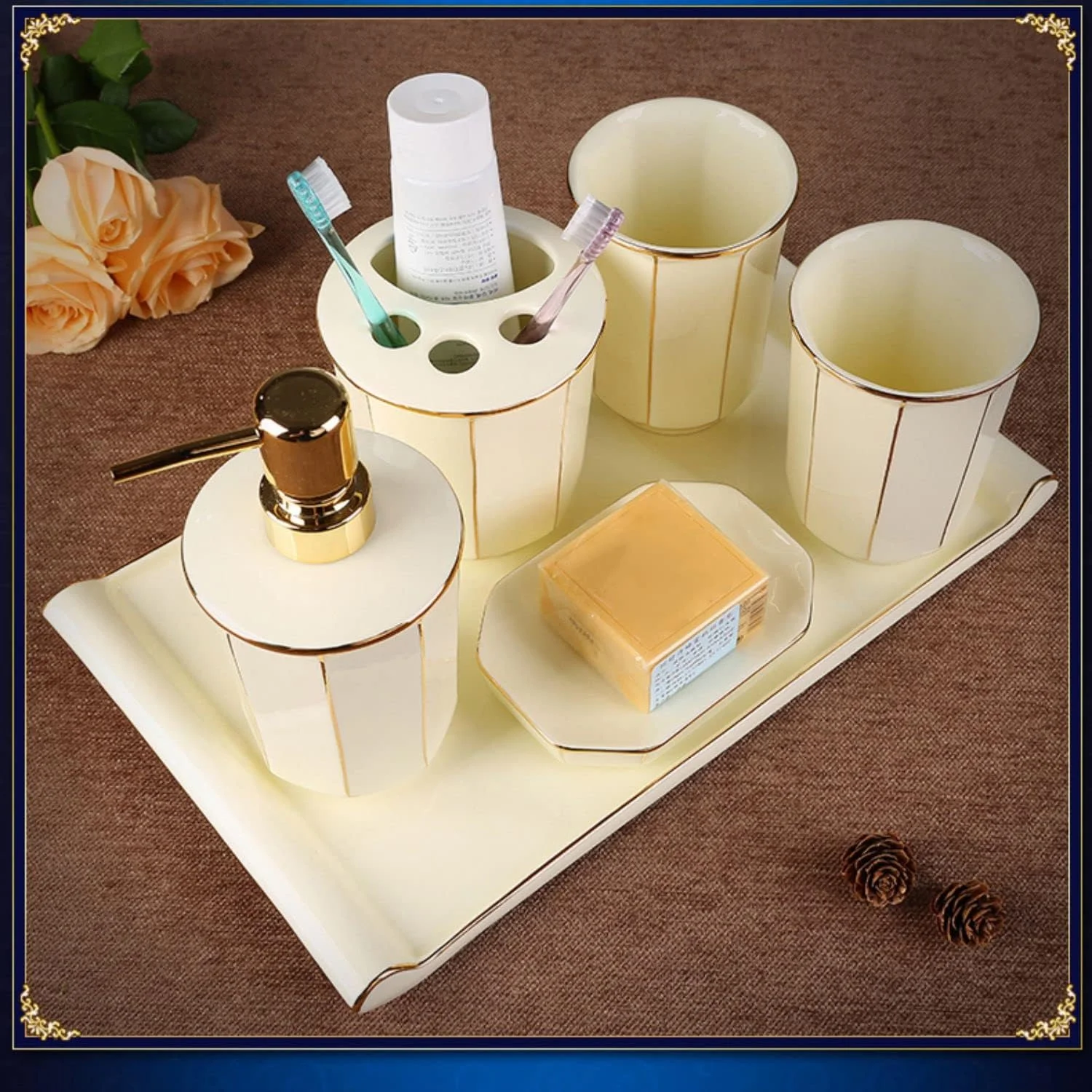 ست لوازم جانبی سرامیکی حمام AVLUZ، ست 6 تکه لوکس برای تزئین پیشخوان روشویی، شامل جا مایع لوسیون، جا مسواکی، 2 لیوان، جا صابونی، سینی نگهدارنده