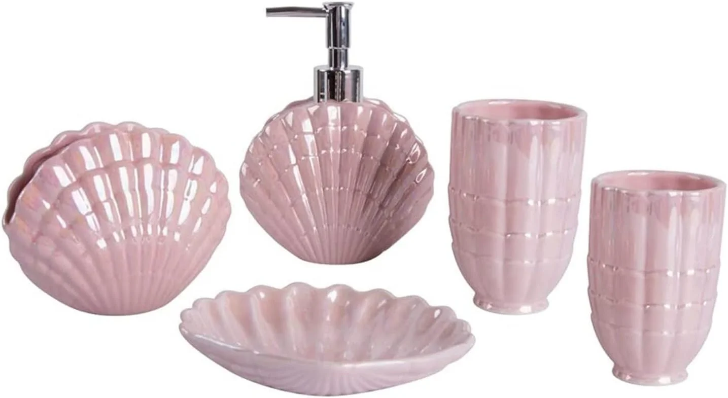 ست لوازم جانبی حمام طرح صدف AVLUZ، ست 5 تکه سرامیکی تزئینی برای پیشخوان روشویی شامل جا مایع لوسیون، جا مسواکی، 2 لیوان، جا صابونی