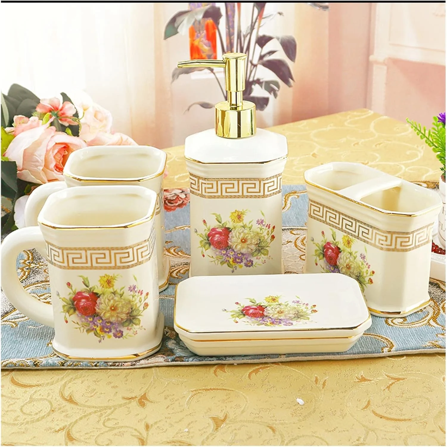 ست لوازم جانبی کلاسیک حمام AVLUZ، ست کامل دکور حمام سرامیکی با گل ختمی نقاشی شده با دست شامل جا مایع لوسیون، جا مسواکی، 2 لیوان و جا صابونی (اندازه: بدون سینی)