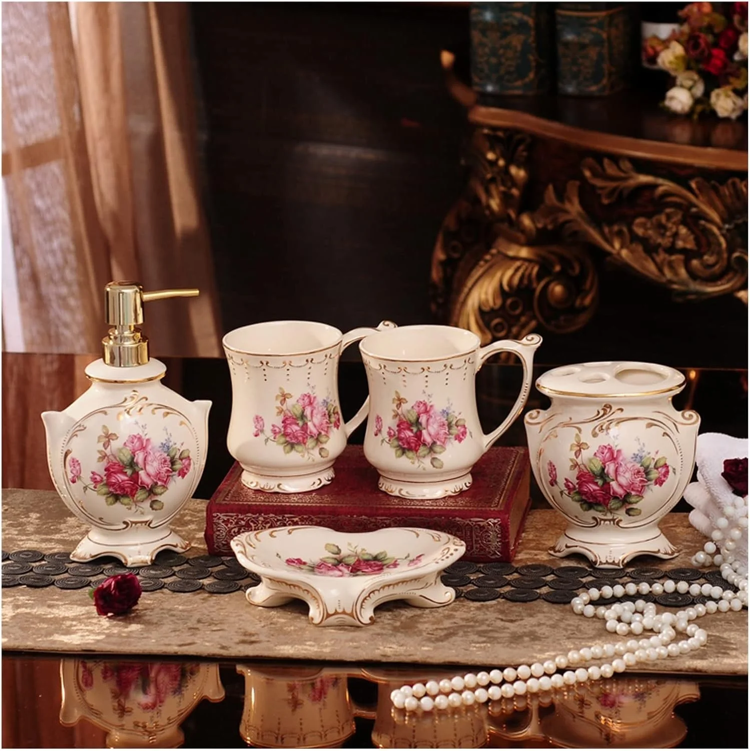 ست لوازم جانبی کلاسیک سرویس بهداشتی AVLUZ، ست دکوری سرامیکی نفیس و زیبا، 5 تکه شامل جا مایع لوسیون، جا مسواکی، 2 لیوان دهانشویه، جا صابونی