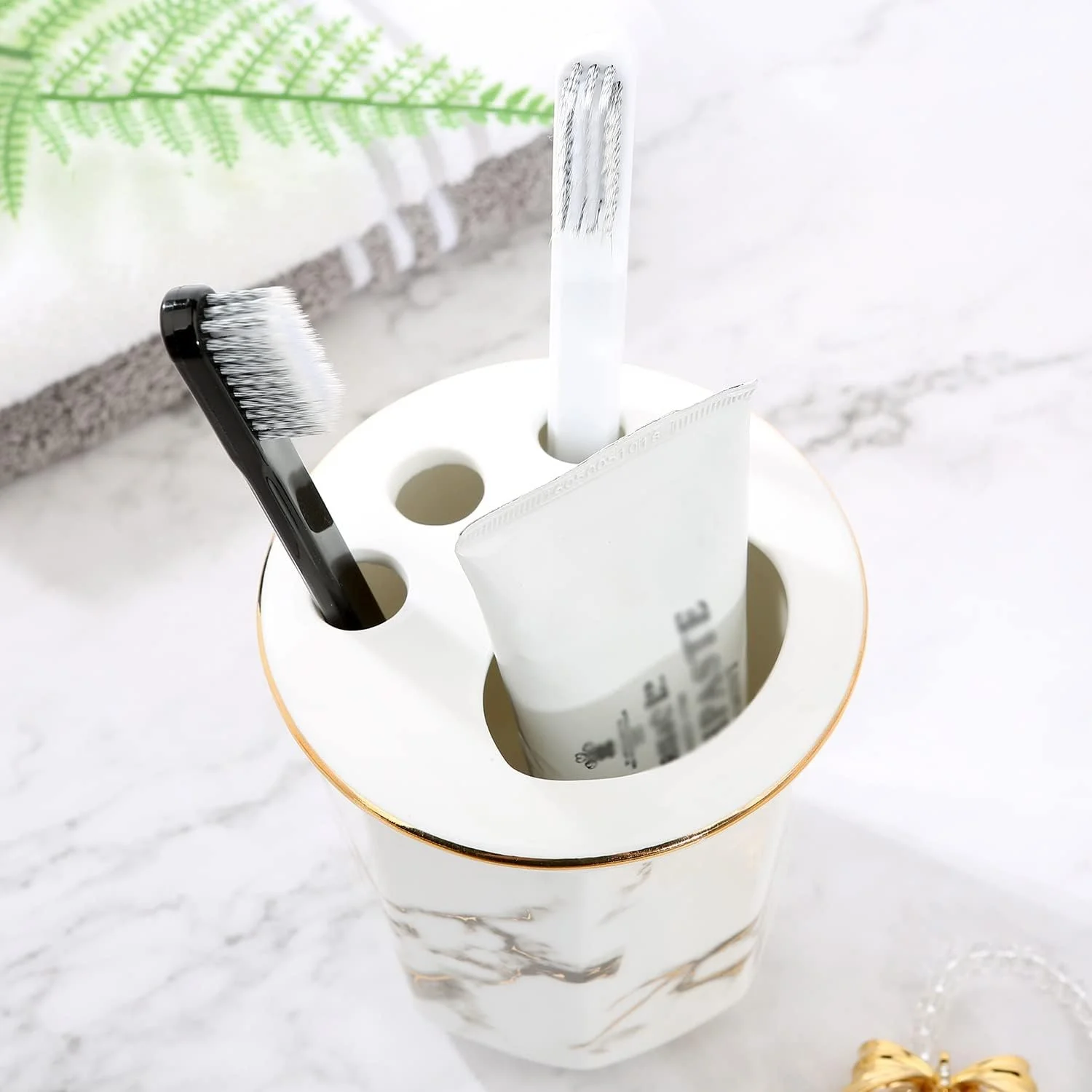 ست لوازم جانبی لوکس حمام AVLUZ، لوازم جانبی تزئینی حمام سرامیکی با بافت مرمر با پخش کننده لوسیون، جا مسواکی، 2 فنجان، جا صابونی (اندازه: بدون سینی)