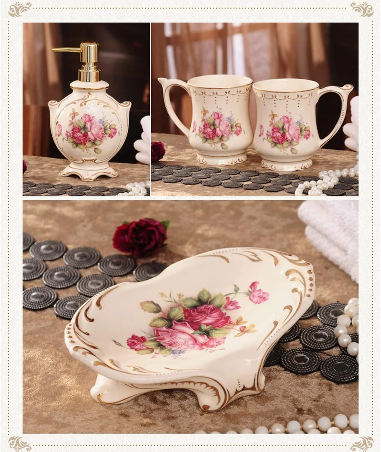 ست لوازم جانبی کلاسیک سرویس بهداشتی AVLUZ، ست دکوری سرامیکی نفیس و زیبا، 5 تکه شامل جا مایع لوسیون، جا مسواکی، 2 لیوان دهانشویه، جا صابونی