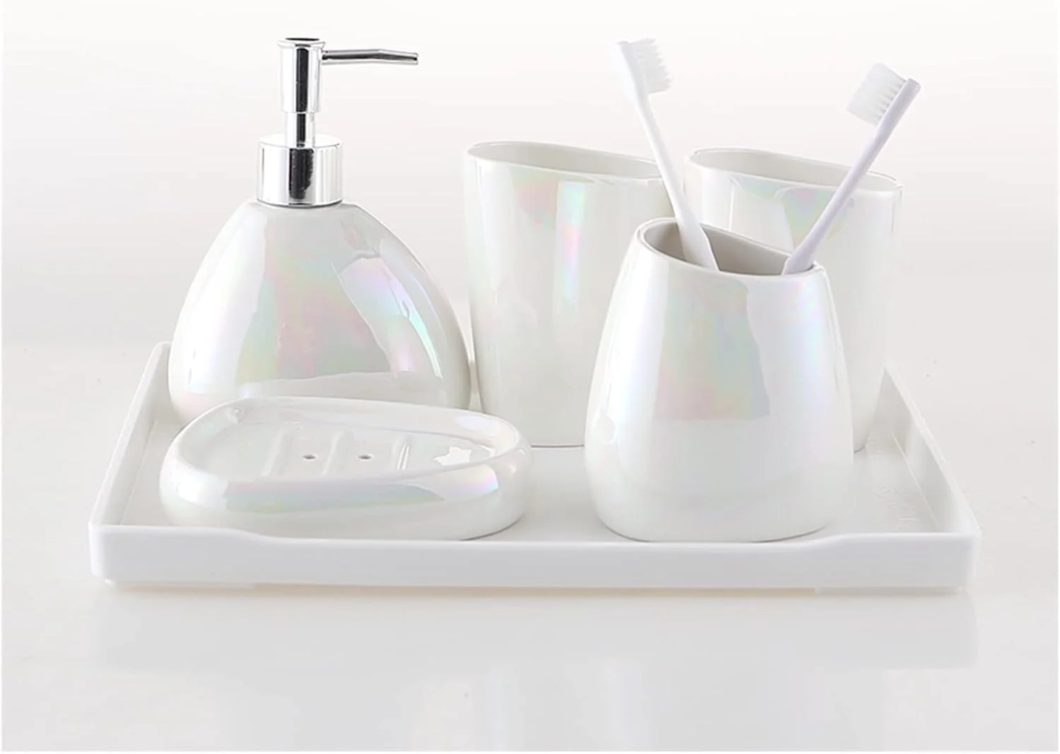 ست لوازم جانبی حمام مینیمال AVLUZ، دکوری شیک سرامیکی برای روی میز روشویی، هدیه ای با پخش کننده لوسیون، جا مسواکی، 2 لیوان، جا صابونی، سفید مات (سایز: همراه با سینی)