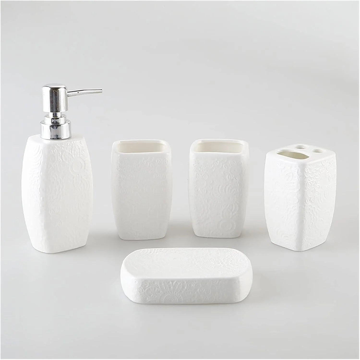 ست لوازم جانبی سرامیکی مینیمالیسم آولوز برای حمام، ست کامل 5 تکه لوازم جانبی حمام با بافت خلاقانه شامل جای مایع لوسیون، جا مسواکی، 2 لیوان، جای صابون، سفید