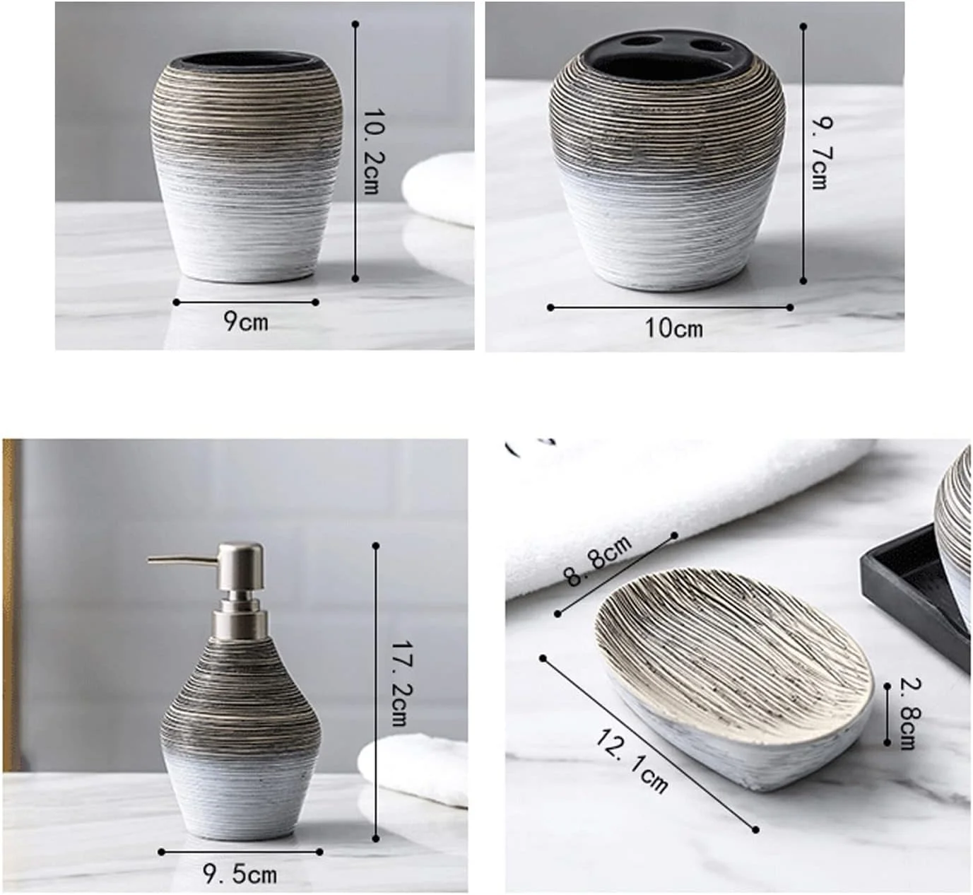 ست لوازم سرامیکی حمام به سبک اروپایی، ست لوازم جانبی حمام شامل جا مایع صابون، جا مسواکی، لیوان، جا صابونی، راه راه، ست لوازم جانبی حمام برای دکوراسیون شیک و قدیمی حمام