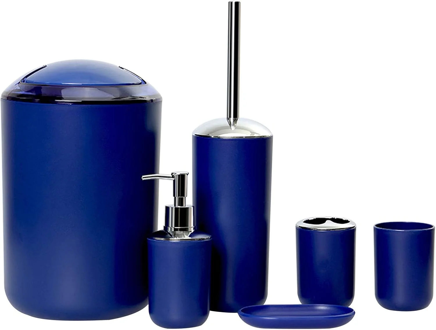 ست لوازم جانبی حمام 6 تکه BaFei - جا مسواکی، لیوان مسواک، جا مایع صابون، جا صابونی، برس توالت، سطل زباله، ست هدیه خانه نویی (درب شفاف - آبی تیره)