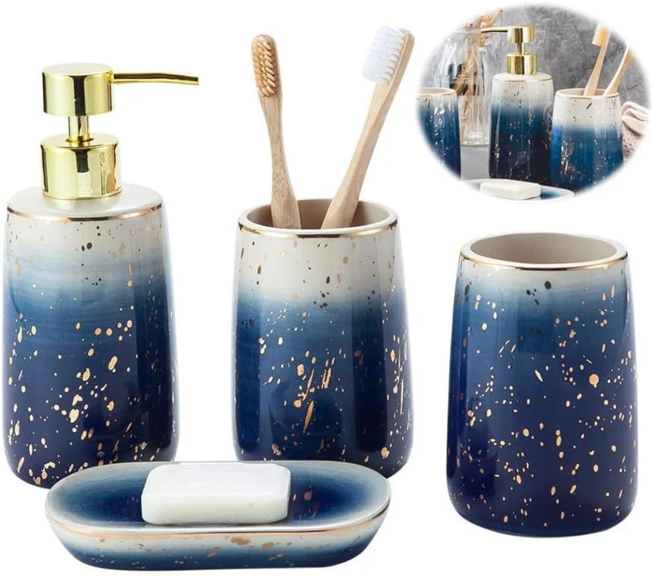ست لوازم جانبی سرامیکی طرح مرمر آزونه برای حمام، دکوراسیون منزل شامل جای مایع صابون، جا مسواکی، لیوان و جا صابونی، 4 تکه