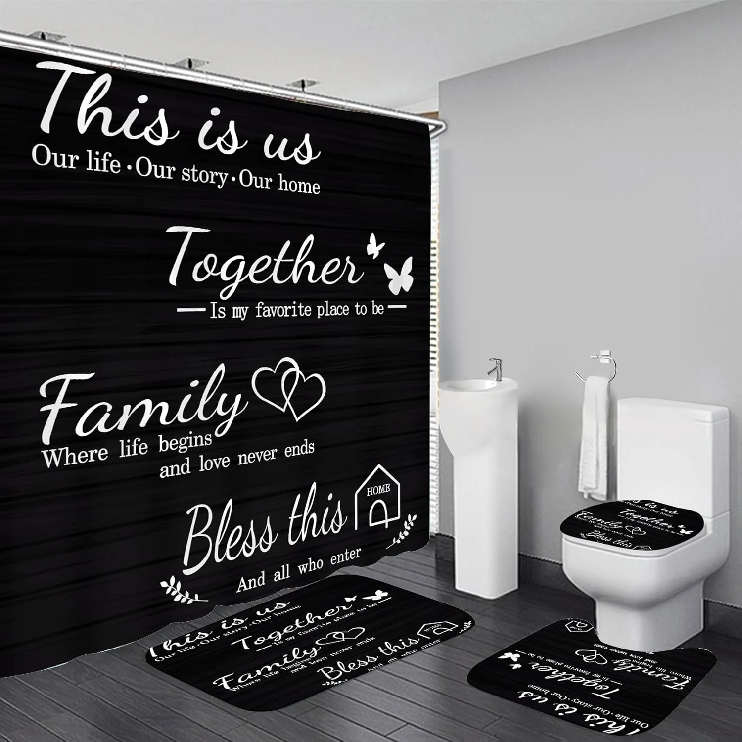 ست پرده حمام مشکی مناسب خانواده به همراه فرش و لوازم جانبی و 12 عدد قلاب