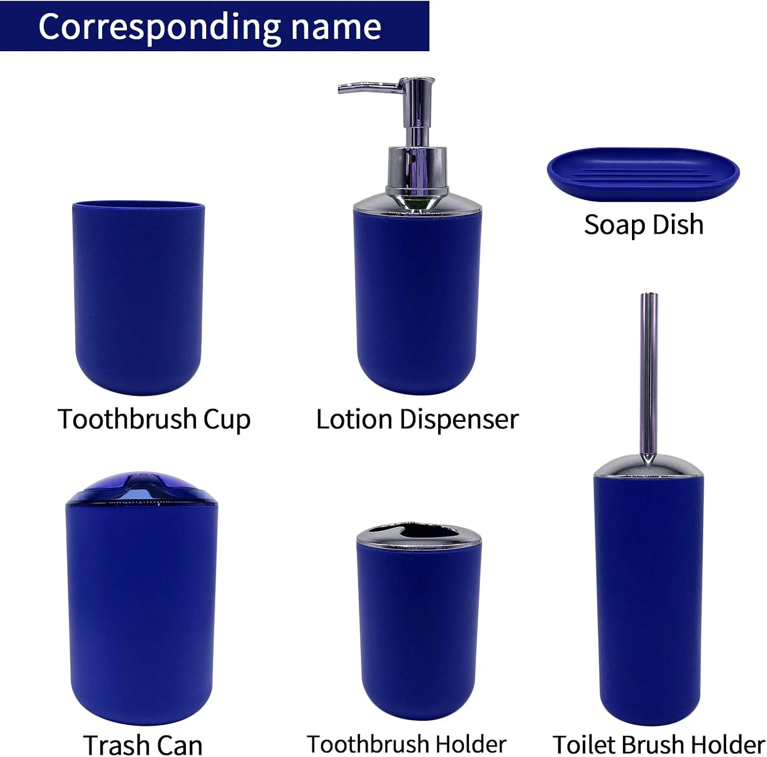 ست لوازم جانبی حمام 6 تکه BaFei - جا مسواکی، لیوان مسواک، جا مایع صابون، جا صابونی، برس توالت، سطل زباله، ست هدیه خانه نویی (درب شفاف - آبی تیره)
