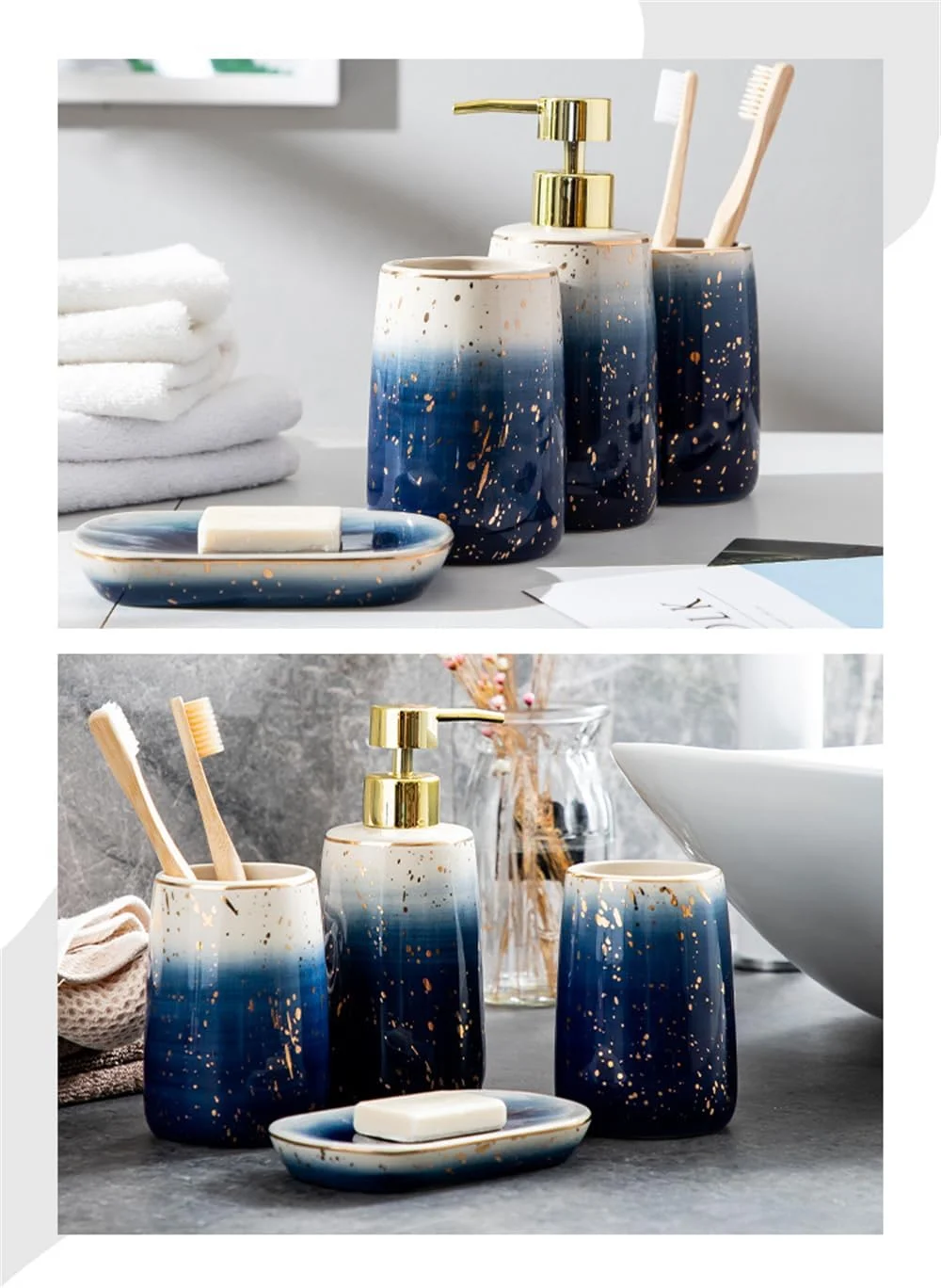 ست لوازم جانبی سرامیکی طرح مرمر آزونه برای حمام، دکوراسیون منزل شامل جای مایع صابون، جا مسواکی، لیوان و جا صابونی، 4 تکه