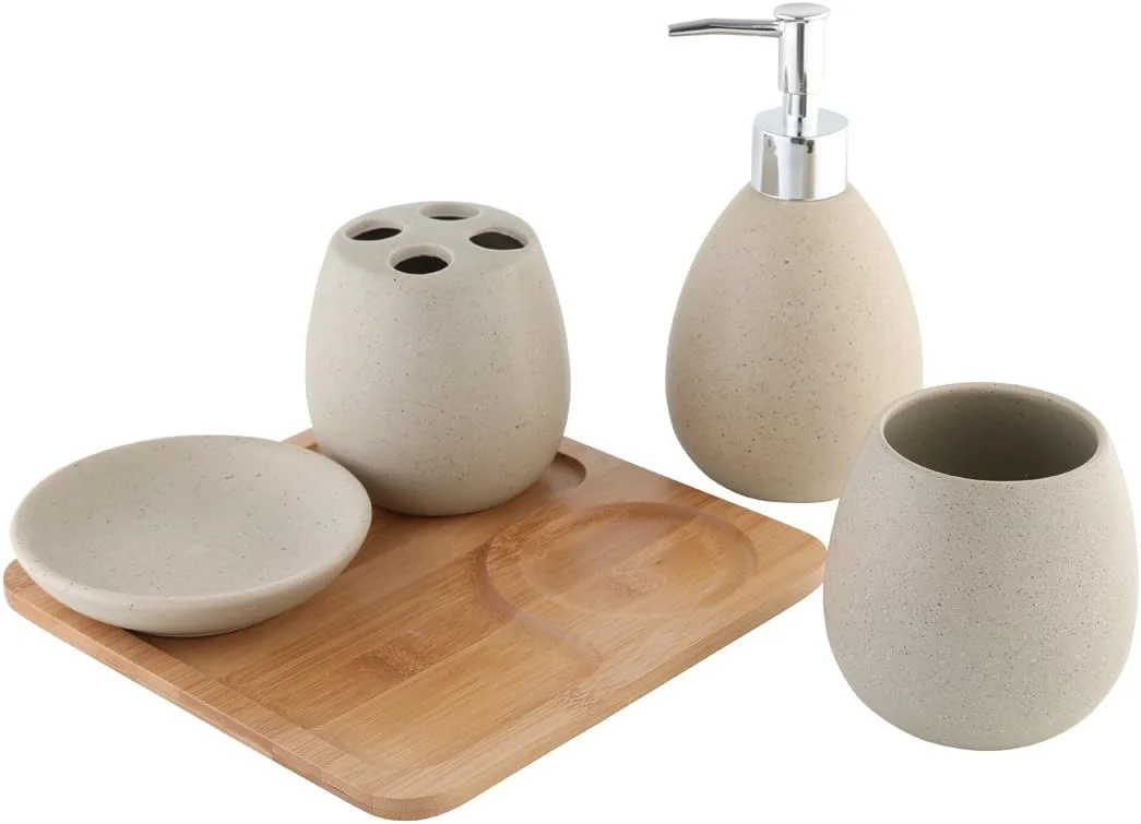 ست لوازم حمام آکسنتیا آویگنون مدل 126822، لوازم جانبی توالت ساخته شده از سرامیک و بامبو، قهوه ای، 23x30x11 سانتی متر