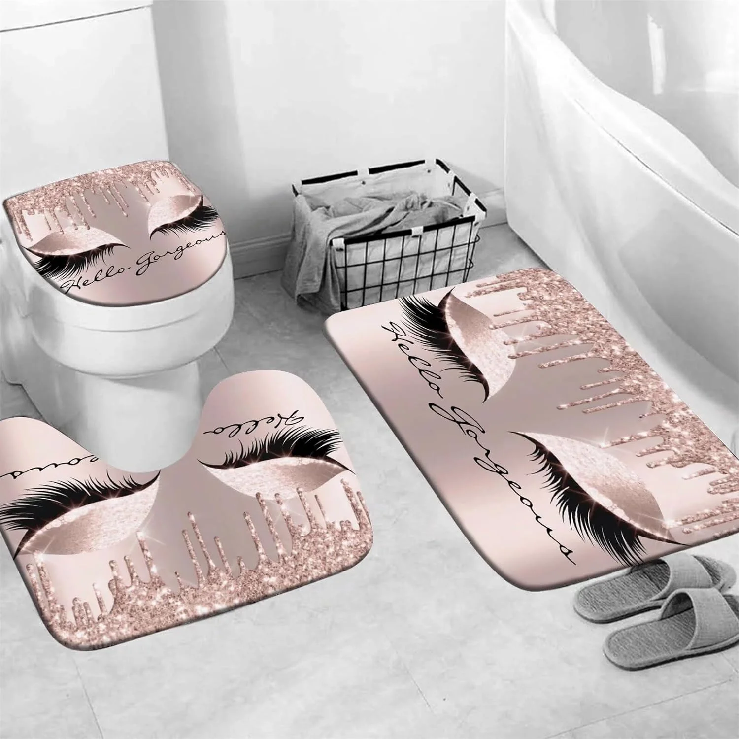 ست پرده حمام 4 تکه طرح مژه زیبا، دکوراسیون حمام Hello Gorgeous، ست پرده حمام صورتی رز گلد با پرده و فرش و لوازم جانبی