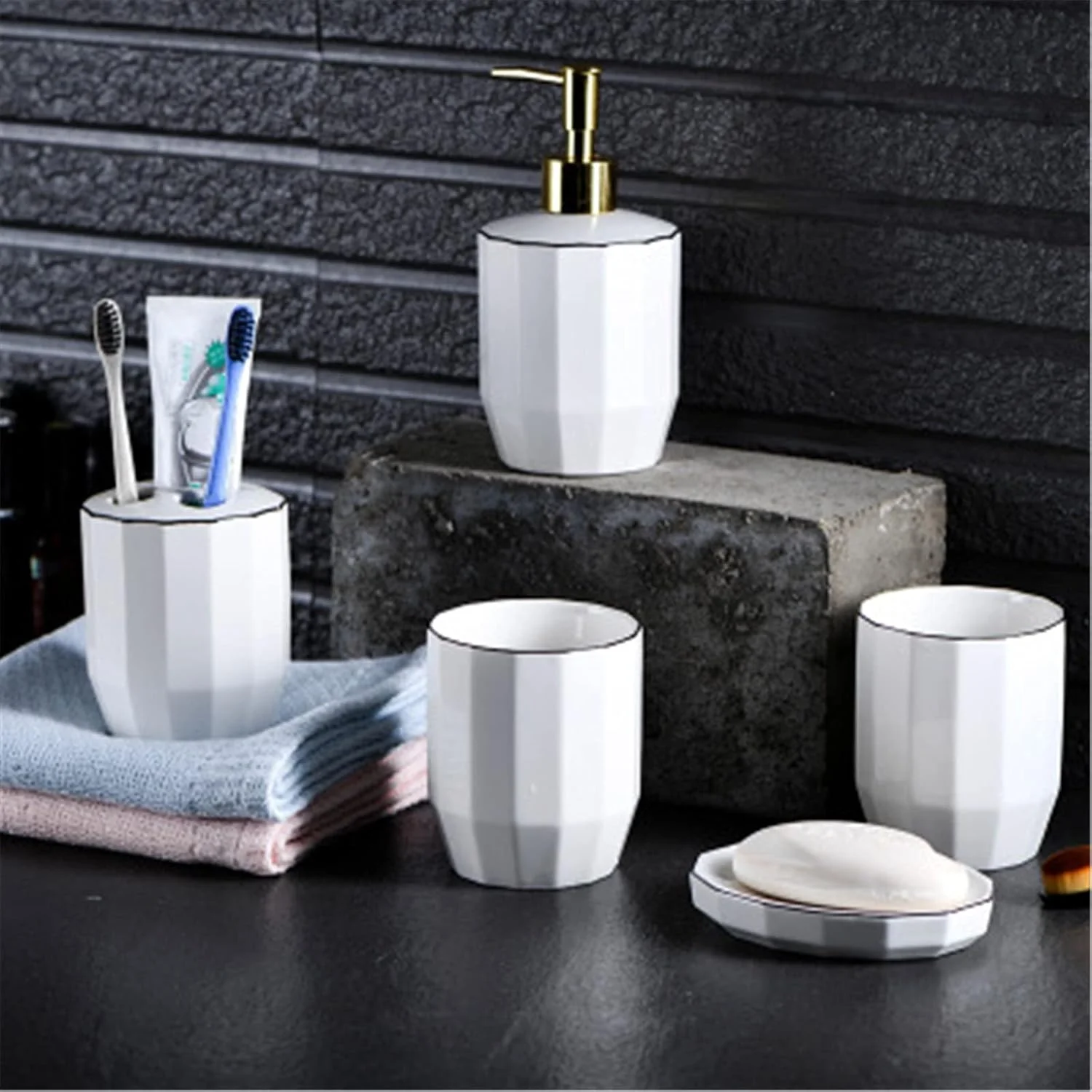 ست سرامیکی لوازم بهداشتی حمام، طرح نوردیک، خلاقانه، پنج تکه، شامل جای مایع، لیوان دهانشویه، مناسب منزل و هتل (رنگ: سفید، سایز: تک سایز)