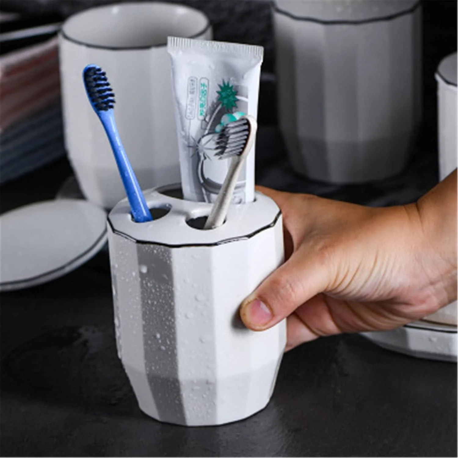 ست سرامیکی لوازم بهداشتی حمام BaiBnn، ست پنج تکه خلاقانه شستشو شامل جا مایع، لیوان مسواک و جا صابونی مناسب منزل و هتل (رنگ: سفید (بدون سینی)، سایز: تک سایز)