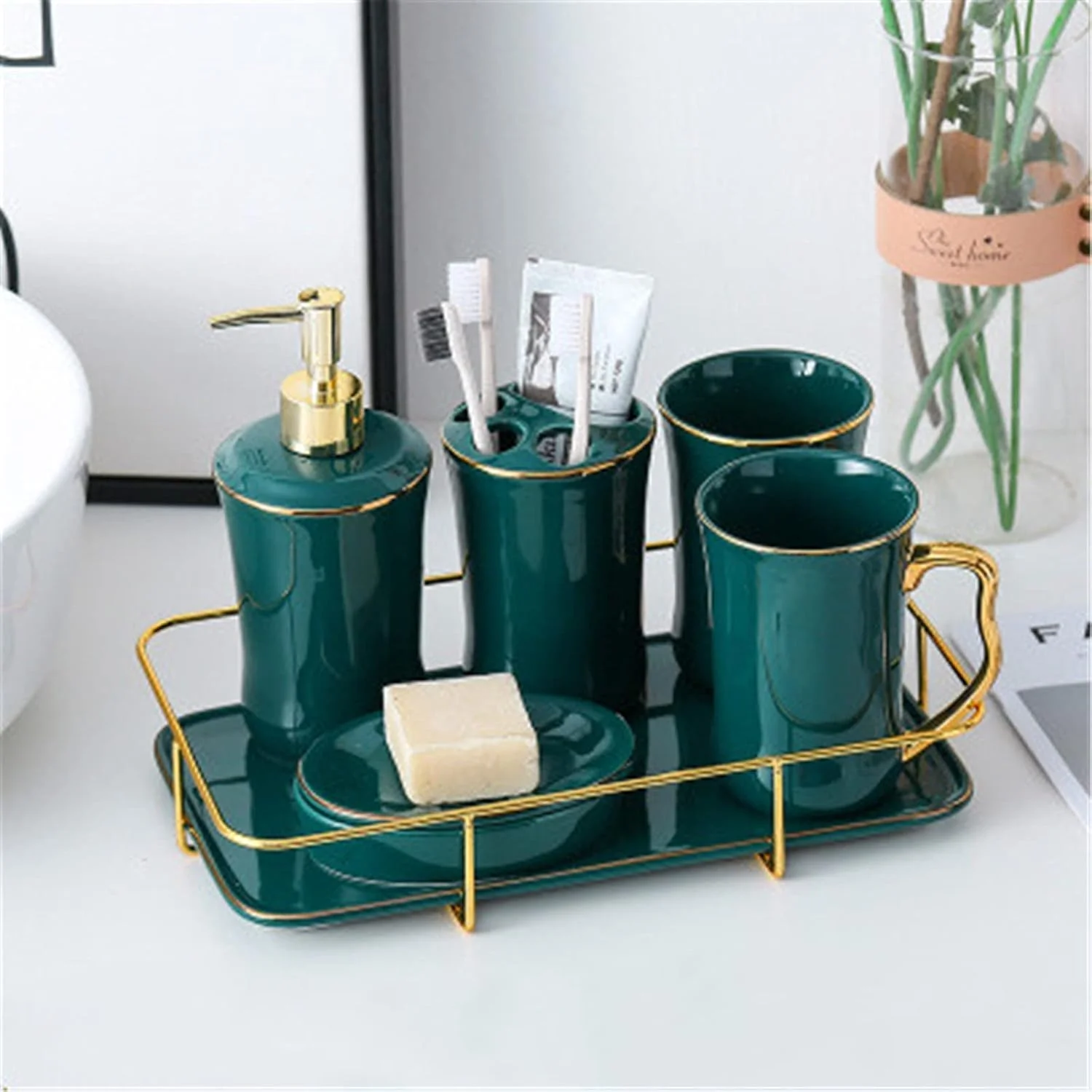 ست سرامیکی لوازم حمام BaiBnn، ست هفت تکه ساده به سبک اروپایی، ست لوازم بهداشتی سرامیکی خلاقانه خانگی برای خانه و هتل (رنگ: استایل E، سایز: تک سایز)